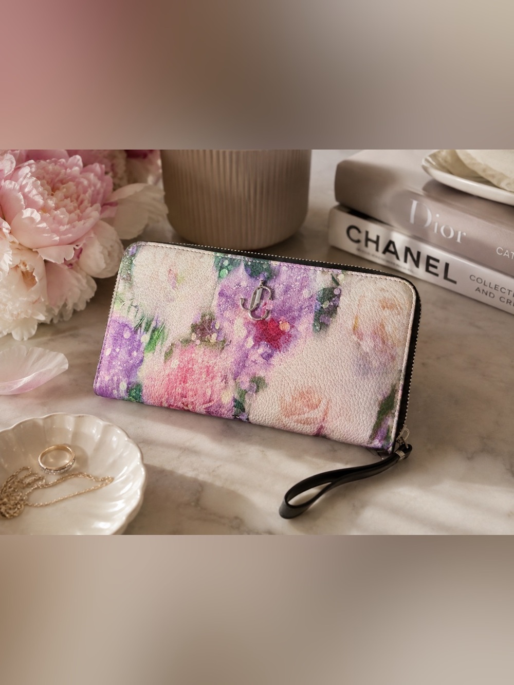 JIMMY CHOO Pippa Floral Leather Zip Around Wallet Silver Hardware - EXCELLENT